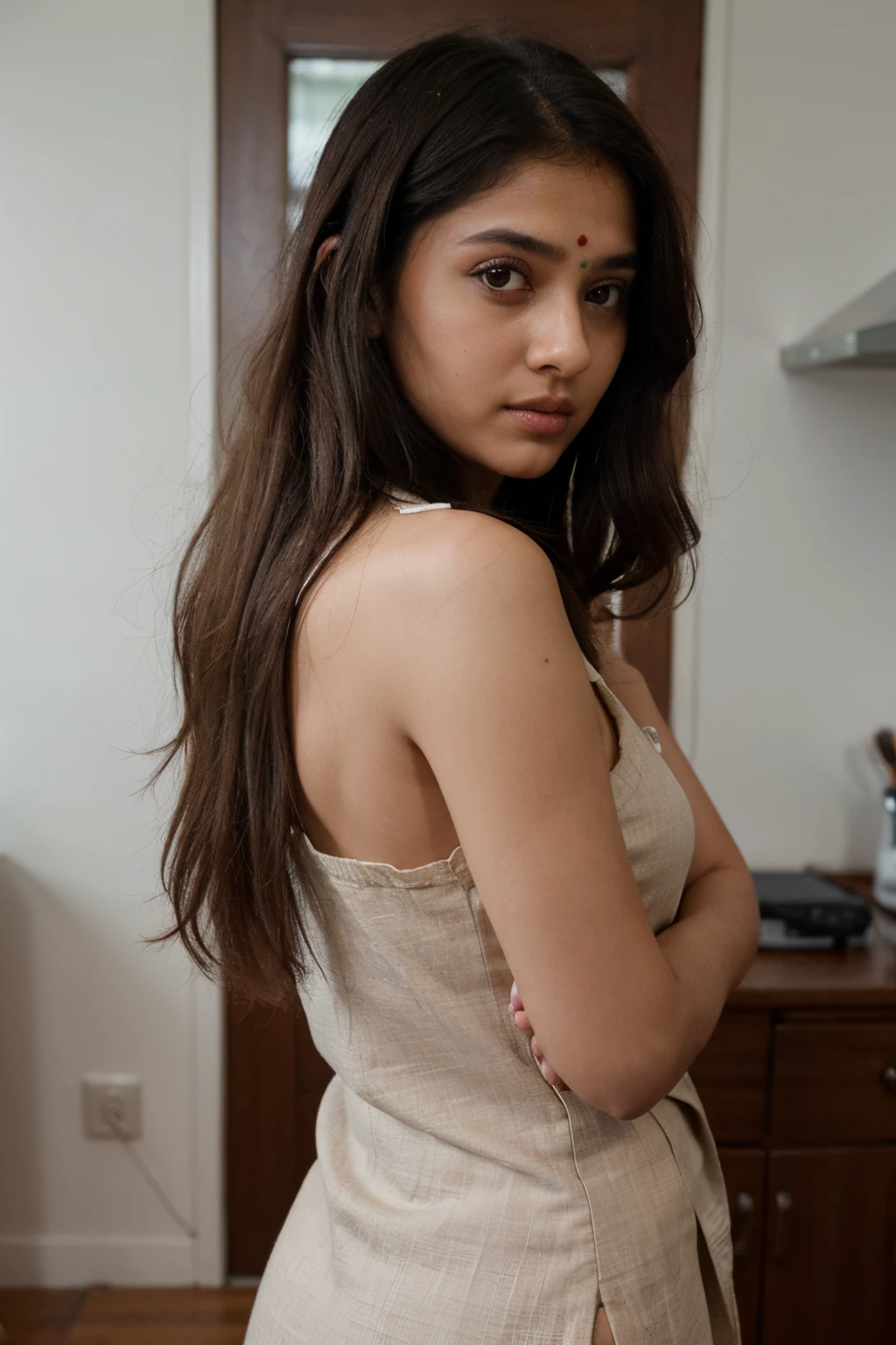 ((best quality)), ((masterpiece)), (detailed), perfect face, fujifilm, studio light, 18 years old, in home, cute face, indian girl, brown skin, indian salwar , traditional dress, ethnic, black hair, black eyes, beautiful, model pose, looking other side