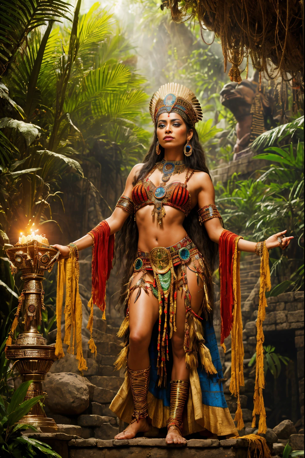 Beautiful Aztec priestess, sexy Aztec priestess clothing, at the top of a stepped pyramid, jungle background, (sacrificing a man on a bloody altar), masterpiece, cinematic lighting, RAW photography, backlight, bokeh, sharp focus, rim lighting, 8k, high quality