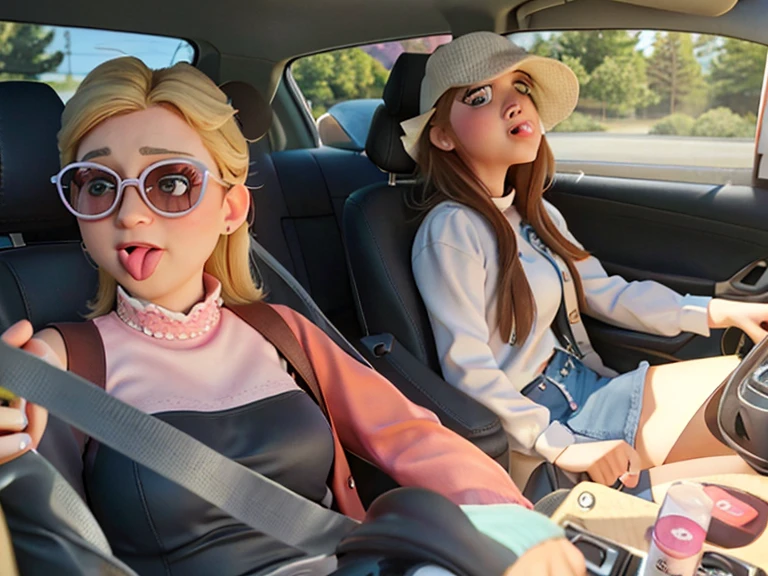 two women in a car with one sticking out her tongue, carpool karaoke, road trip, driving, riding on the road, annoying sister vibes, driving a car, driving fast, vacation photo, road trip exciting, sitting in her car, taken in the early 2020s, at the taco bell drive through, 😭 🤮 💕 🎀, on a road