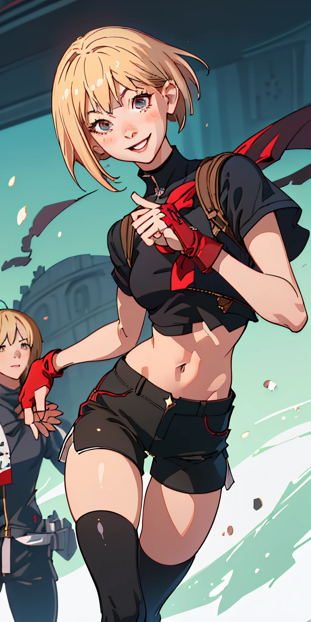 (top-quality、masutepiece)、女の子1人、The upper part of the body、Shy smile、Laugh、school、croptop、black open finger gloves、shortpants、a blond、red blush、Viewer's Perspective、Short bob hair