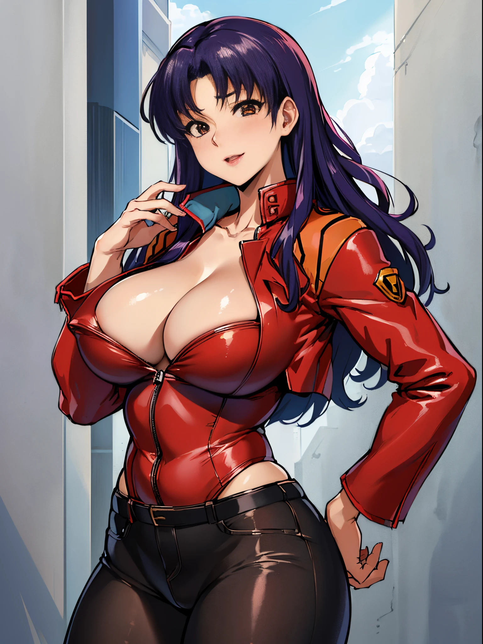 (masutepiece),(Best Quality), Katsuragi Misato, 、Colossal tits、Big breasts、((Smaller head)）、a red jacket、1 female、Urban streets、Black leather underwear、With your back turned、Turned、Big ass，Huge breasts，Textured skin、extremely detailed eye and face、beatiful detailed eyes、二重まぶた、huge filesize、(Increase the beauty of skin texture:1.1)、hight resolution、highlydetailed skin、top-quality、8k wallpaper、电影灯光、large boob,Seductive underwear、I can see the chest