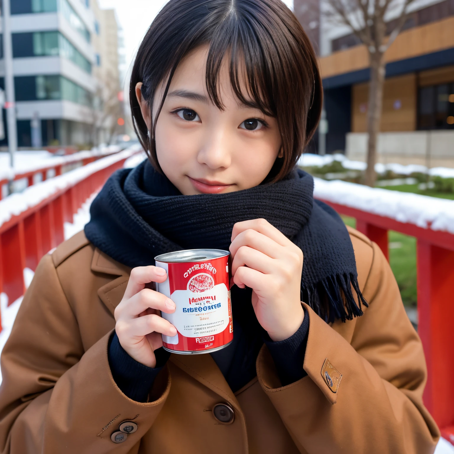 Best-quality, Masterpiece, Ultra-High-Resolution, (Photorealistic:1.4), Raw-Photo, Extremely-Details, Perfect-Anatomy,
1girl, at winter Japanese schoolyard, 15-years-old, most popular Japanese idol,
drinking very hot canned cocoa, looking at viewer, innocent smile, portrait,
extremely cute face like a most famous Japanese idol, extremely beautiful big black solid circle eyes, extremely beautiful short-cut-haired, extremely beautiful realistic skins, extremely beautiful lips, extremely beautiful long eyelashes,
(wearing Japanese school winter uniform, colorful scarf),
detailed cute face, detailed beautiful big black solid circle eyes, detailed beautiful short-cut-haired, detailed beautiful realistic skins, detailed beautiful lips, detailed beautiful long eyelashes,
detailed Japanese high school winter uniform, detailed colorful scarf,
detailed very hot canned cocoa, detailed lots of steam from very hot canned cocoa