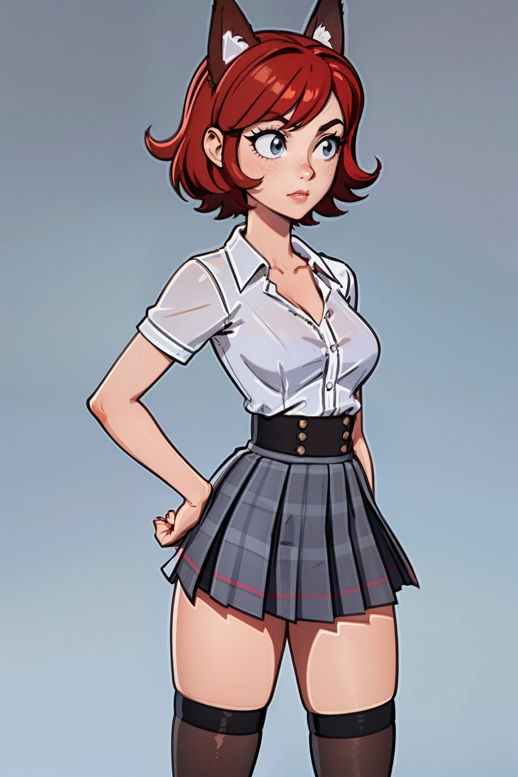 1girl, teenager, solo, (short pixie cut Hair, undercut red hair: 1.28), ((light gray eyes)), some small freckles, (dark fox ears: 1.35), pale skin, large breasts, cleavage, (thin hips, thin waist: 1.25), simple background, looking away, (revealing clothes, tight unbuttoned blouse, see through blouse, pleated mini skirt, thigh high stockings, plaid b&w sneakers, school outfit: 1.11), masterpiece, best quality,3d rending work ,3DMM style, close-up, portrait, 3D,
