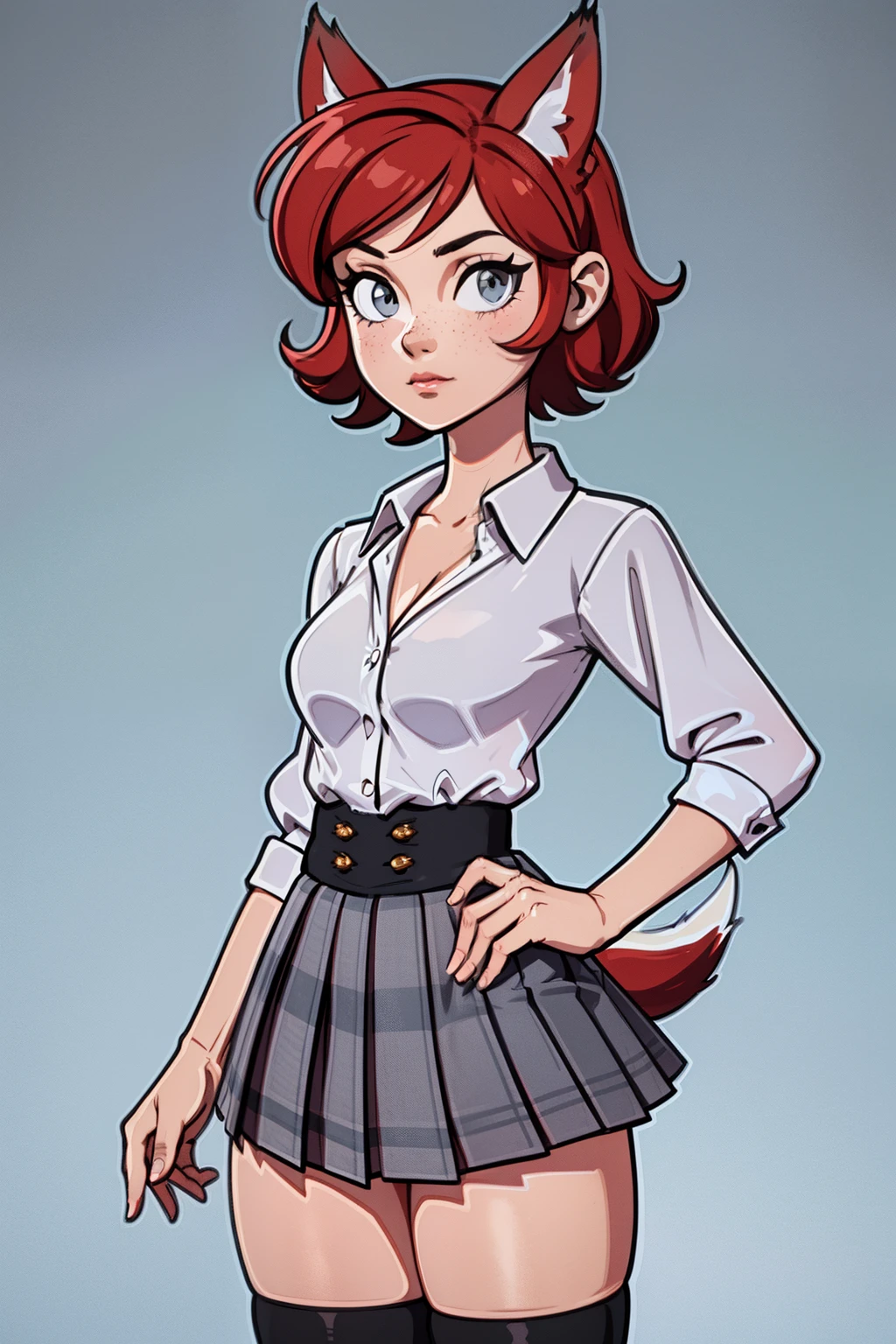 1girl, ager, solo, (short pixie cut Hair, undercut red hair: 1.28), ((light gray eyes)), some small freckles, (dark fox ears: 1.35), pale skin, large breasts, cleavage, (thin hips, thin waist: 1.25), simple background, looking away, (revealing clothes, tight unbuttoned blouse, see through blouse, pleated mini skirt, thigh high stockings, plaid b&w sneakers, school outfit: 1.11), masterpiece, best quality,3d rending work ,3DMM style, close-up, portrait, 3D,