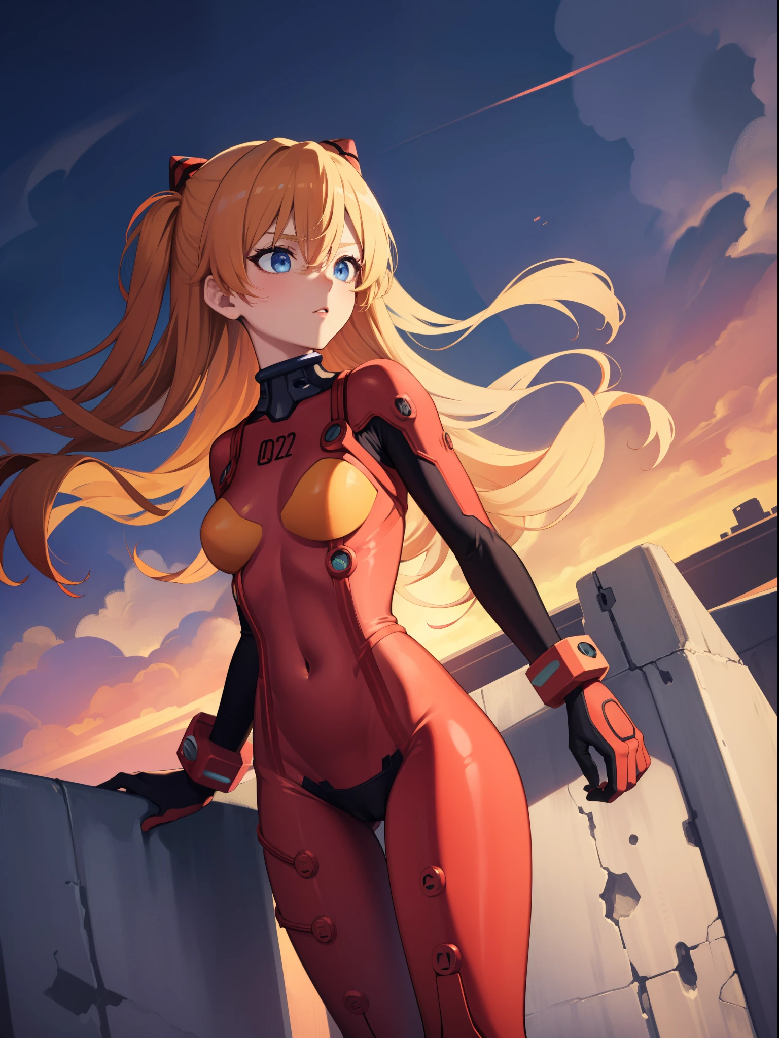 asukalangley, Asuka Langley Soryu, hair between eye, Orange hair, Long sleeves, plugsuit, Red bodysuit, BREAK outdoors, city, looking at the viewers, (masutepiece:1.2), Best Quality, High resolution, Unity 8k壁纸, (Illustration:0.8), (Beautiful detailed eyes), extra detailed face, Perfect Lighting, extremely details CG, (Perfect hands, Perfect Anatomy),