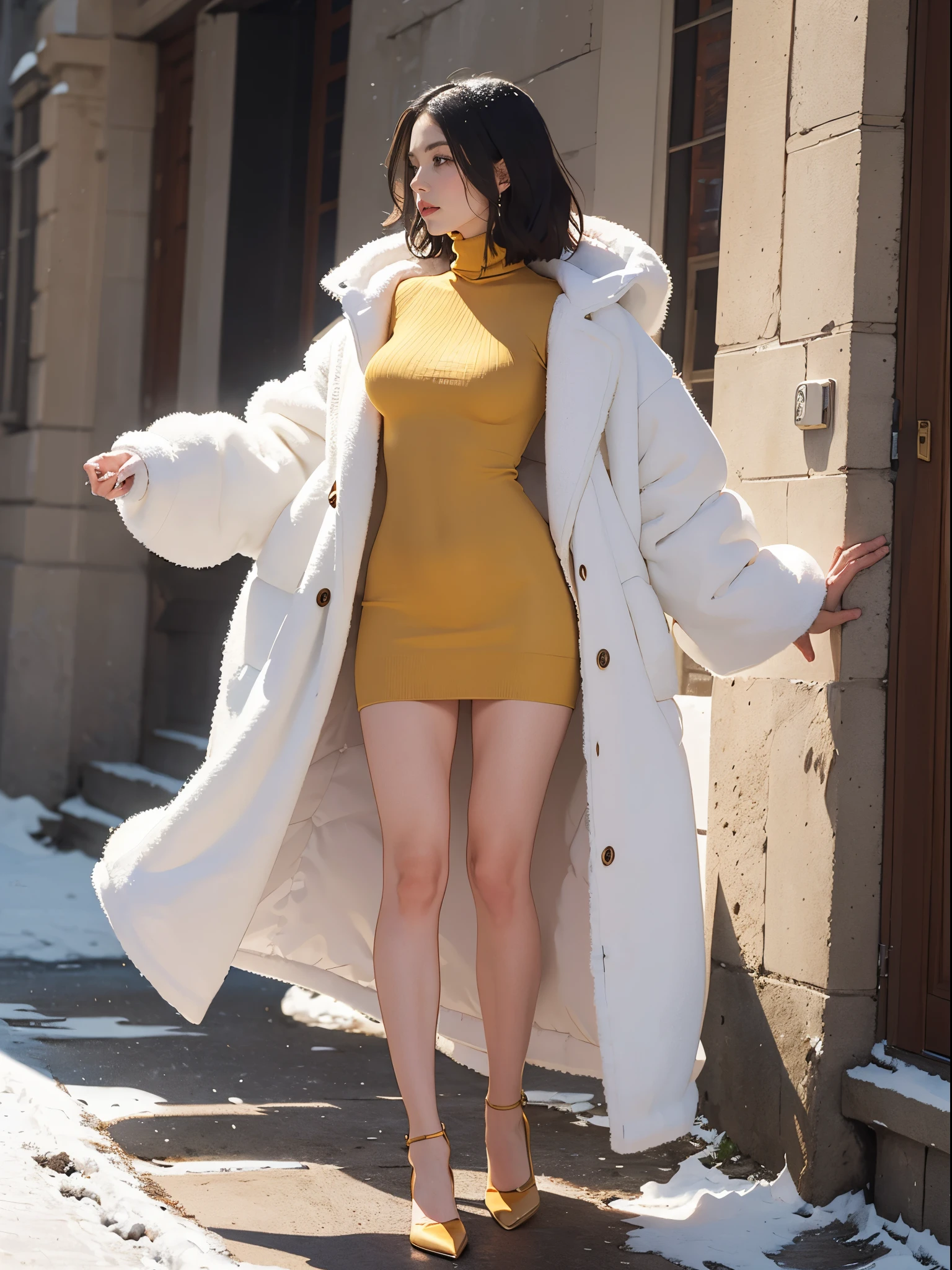 (1 woman:1.2), professional photograph, cinematic light, (finerly detailed face:1.2), narrow waist, slender, moist skin, pale skin, (long legs), thin legs, moist skin, soft lighting, portrait photography, Rembrandt lighting, supermodel, (large breasts:1.2), (looking away:1.3), short bob hair, (stylish pose), BREAK,(glossy:1.2), (full body:1.18), BREAK (dark_yellow_turtleneck_knit_dress:1.3), BREAK (snow_white_long_fluffy_coat:1.3), BREAK concrete wall, oakwood floor, simple backgroun