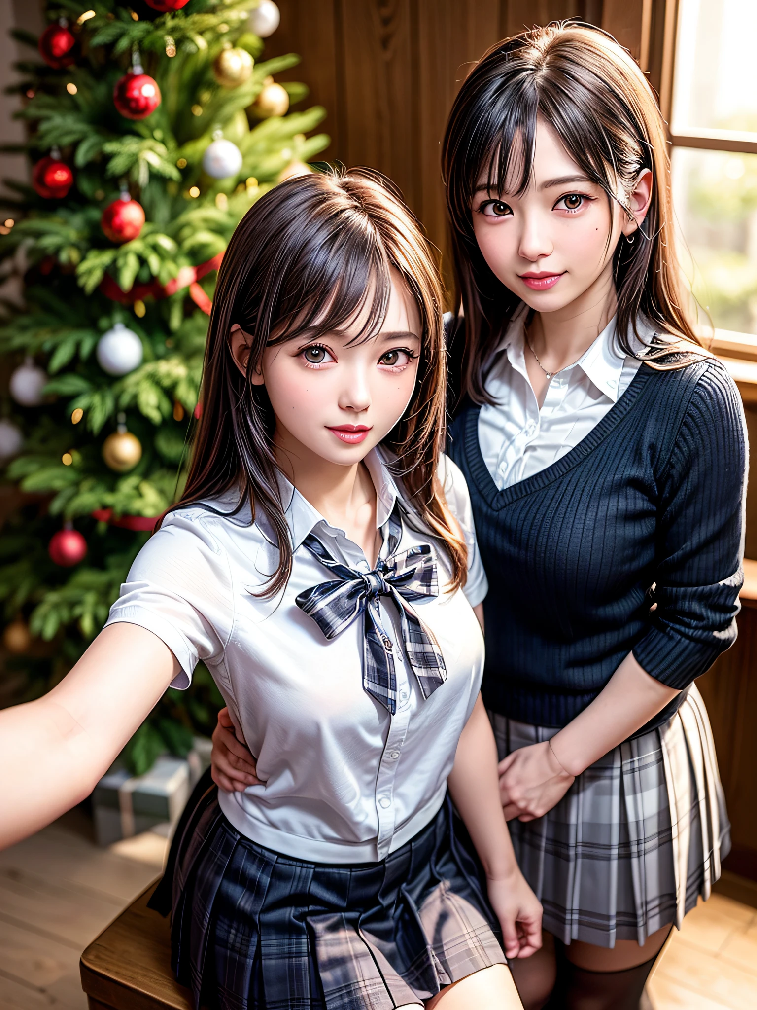 (2girls:1.4), Extremely cute, Amazing face and eyes, (Beautiful lovely smile), (extremely detailed beautiful face), bright and shiny lips, (School uniform, Pleated skirt:1.3), (Best Quality:1.4), (hyper quality), (Ultra-detailed), (Hyper-realistic, Photorealsitic:1.37), Authentic skin texture, intricate-detail, extremely detailed CG unified 8k wallpaper, RAW Photos, professional photograpy, Cinematic lighting, Exposing, Christmas tree, Christmas Ornaments, Christmas Decorations, Christmas Lights, christmas lights,