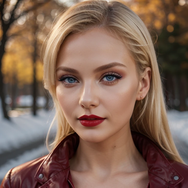Fit blonde, perfect body, AIbeka, cherry red lipstick, 64k, makeup, full body, top-quality, hightquality, Extreme Detail Photography, Eye for extreme detail, masterpiece, extreme face details, 16k, 8k, 4K, HD, UHD, a beautiful woman, posing for a picture, looking aroused, she is tight coat, winter,red lips, depth of field, bokeh,blonde Blue Eyes Aibeka, full body view, red cheeks