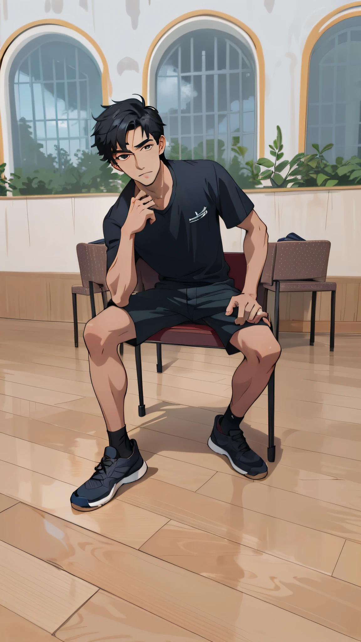 (master piece), (best quality), Ultra High Resolution, professional art, ultra detailed, intricate, Detailed face, perfecta lighting, 1male, white skin, handsome, shorts, sitting cross-legged on a chair