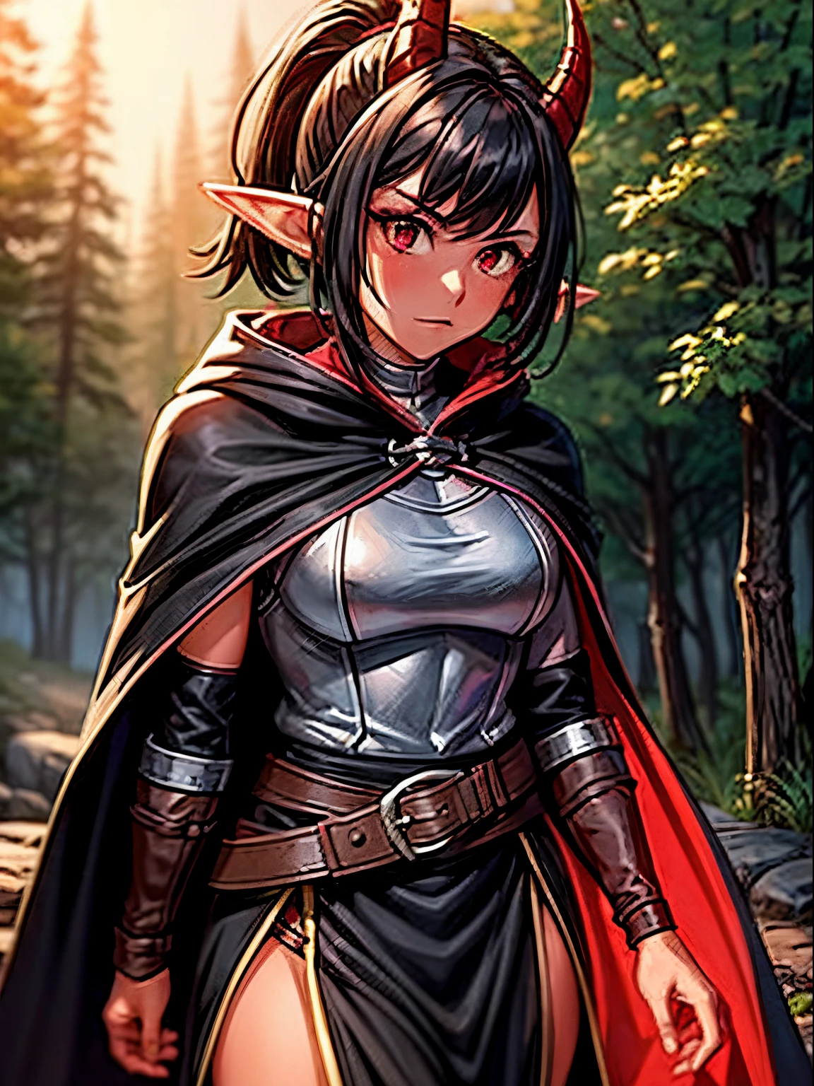 1girl, short all black hair in loose ponytail, soft red eyes, elf ears, colored skin, Cherise skin, Pink skin, red skin, 2 black ram horns, black Horns, ram horns, average body, wearing full leather armor, rogue cloak, hooded cloak, hood down, leather armor, rogue armor, covered body, SFW, non-revealing, safe, PG13, dungeons and dragons, DnD, D&D, rogue, assassin, thief, walking through a forest, night time, dark, night, looking in front of her.