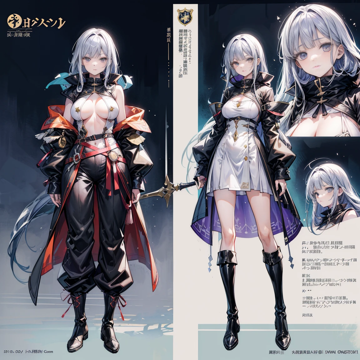 (masterpiece, Highest quality), (Thin Hair), 非常にdetailedな, Anime Style, whole body, alone, Black sailor suit and black pleated skirt, Vampire Hunter、Huge black and red sword、 She has blue and white hair and brown skin, and wears a tattered black cloak and a black and red skirt. 、High Boots,Floating in the blue sky, High heel boots, 8K high resolution, White Background, whole body,Super huge、detailed、dynamic、