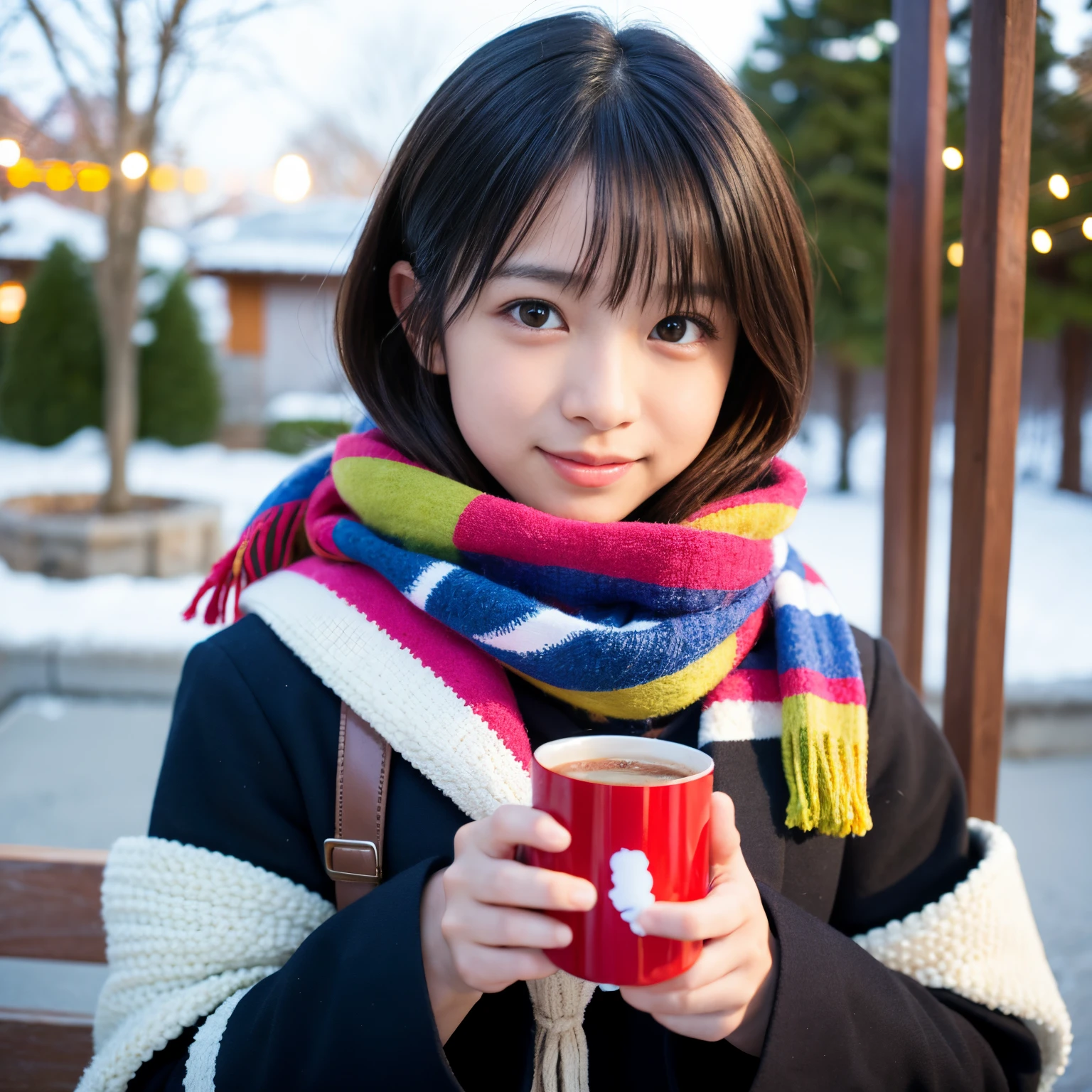 Best-quality, Masterpiece, Ultra-High-Resolution, (Photorealistic:1.4), Raw-Photo, Extremely-Details, Perfect-Anatomy, 

1girl, at winter Japanese schoolyard, 15-years-old, most popular Japanese idol,  

drinking very hot canned cocoa, looking at viewer, innocent smile, portrait, 

extremely cute face like a most famous Japanese idol, extremely beautiful big black solid circle eyes, extremely beautiful short-cut-haired, extremely beautiful realistic skins, extremely beautiful lips, extremely beautiful long eyelashes, 

(wearing Japanese school winter uniform, colorful scarf), 

detailed cute face, detailed beautiful big black solid circle eyes, detailed beautiful short-cut-haired, detailed beautiful realistic skins, detailed beautiful lips, detailed beautiful long eyelashes, 

detailed Japanese high school winter uniform, detailed colorful scarf,
detailed very hot canned cocoa, detailed lots of steam from very hot canned cocoa
