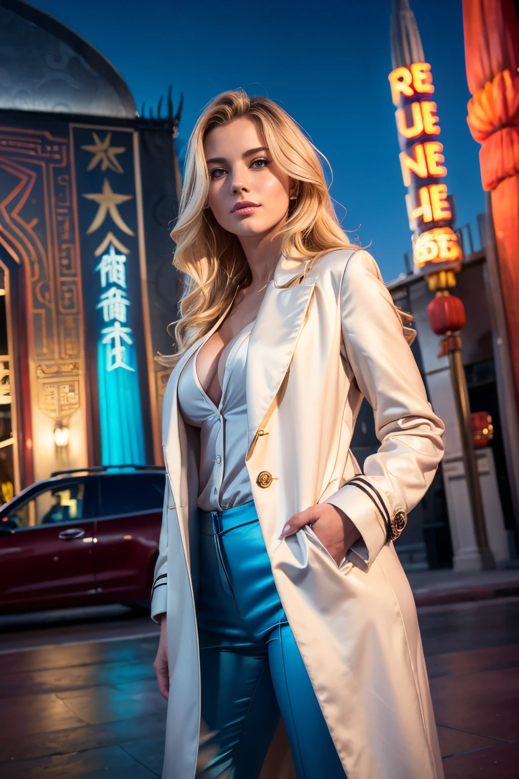 portrait of a gorgeous European blonde woman, age 23, wavy hair. She’s a playboy magazine model. Subtle smile, flirts with camera.
she's very well dressed, with fashionable clothes. (Satin blouse, long wool coat, random color cotton pants. All these clothes are tastefully coordinated:1.2)
(She’s standing at night, in front of the Chinese theater in Los Angeles:1.4).
perfect eyes, perfect hands, perfect body, perfect hair, perfect breast,
UHD, retina, masterpiece, accurate, anatomically correct, textured skin, super detail, high details, high quality, award winning, best quality, highres, 16k, 8k,