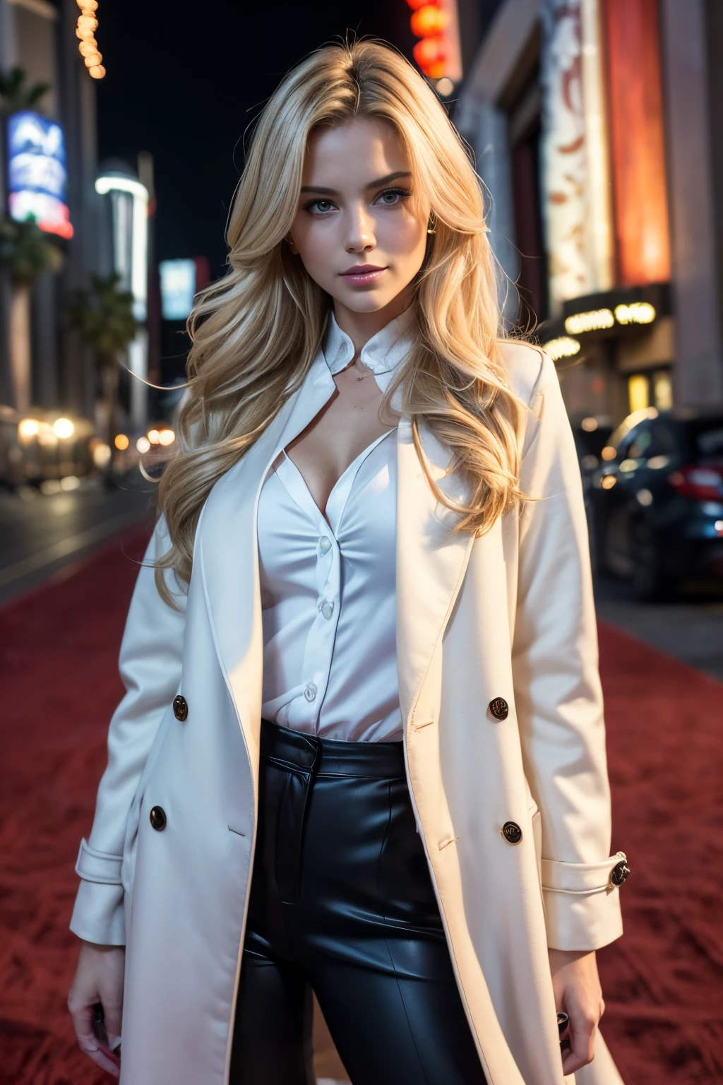 portrait of a gorgeous European blonde woman, age 23, wavy hair. She’s a playboy magazine model. Subtle smile, flirts with camera.
she's very well dressed, with fashionable clothes. (Satin blouse, long wool coat, random color cotton pants. All these clothes are tastefully coordinated:1.2)
(She’s standing at night, in front of the Chinese theater in Los Angeles:1.4).
perfect eyes, perfect hands, perfect body, perfect hair, perfect breast,
UHD, retina, masterpiece, accurate, anatomically correct, textured skin, super detail, high details, high quality, award winning, best quality, highres, 16k, 8k,