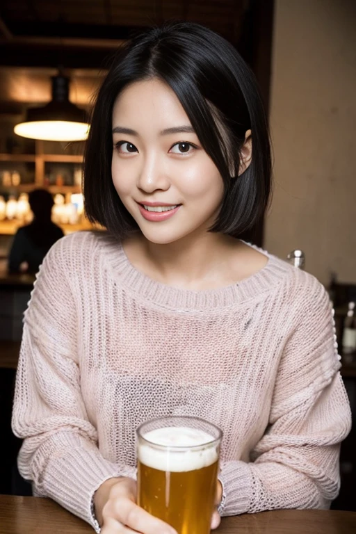 (8K、top-quality、​masterpiece:1.2)、(reallistic、Photorealsitic:1.2)There is a woman sitting at a table drinking beer, bar girl, In a tatami room, with a drink, Drinking beer, In the pub, In the pub, at bar, Beautiful Asian Girl, Asian Girl, at bar, Drinking beer, Drink at the bar, low-cut top, asian female, Young Asian Girl　Sashimi set meal　And food　Karaage　downbrouse、No bangs:1.10、straight flat chest:1.20, (leaning-forward:1.3)、(Oversized sweater、loose fitting sweater、Low-cut sweater:1.5)、bra very.10, Pink areola is visible:1.20,  A Cup:1.20, Erotic, (top-quality、8K、32K、​masterpiece)、japanes、22year old、Very pretty girl、a beauty girl、Bright smile、outside of house、shinny skin、blurry backround、short-cut:1.10、Ear hooks:1.20, A dark-haired:1.10, Upper body close-up、Shot from above　A refreshing smile　Alafed Girl, chiho, iwakura lain, closeup Iwakura Lain, With short hair, Shiori Teshirogi, Kotegawa Yui, hime-cut, She is 22 years old, sui ishida with black hair, lain iwakura, girl cute-fine-face, Clear pubic contours,(Small breasts), hight resolution, ighly detailed, top-quality, [​masterpiece:1.6],, ighly detailed, nffsw, finely detail, top-quality, , Cinematographic lighting, 1girl in、22year old、Cute Japan Girls、perfect body type、, Cute droopy eyes、Beautiful big eyes、ultra-detailliert、hight resolution、Transcendent beauty　top-quality、​masterpiece、majicMIX Real、(Raw photography:1.2)、(Photorealsitic:1.4)、sushi restaurant　Japanese restaurant　Izakaya、japanese style bar、Beer mug、Kamimei(8K、top-quality、​masterpiece:1.2)、(reallistic、Photorealsitic:1.2)