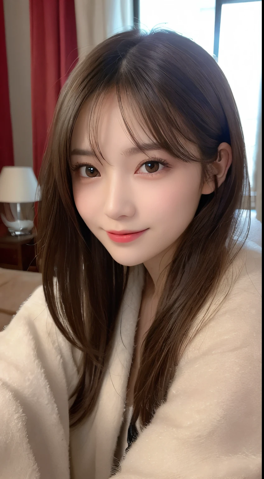 masutepiece, Best Quality, Illustration, Ultra-detailed, finely detail, hight resolution, 8K Wallpaper, Perfect dynamic composition, Beautiful detailed eyes, gray fluffy winter clothes,Medium Hair,small tits,Natural Color Lip, Bold  poses,Smile,mansion(a room,Bet) years girl、Cute、Sexy shooking at camera,perfect and beautiful face and fingers,take a photo close to the face