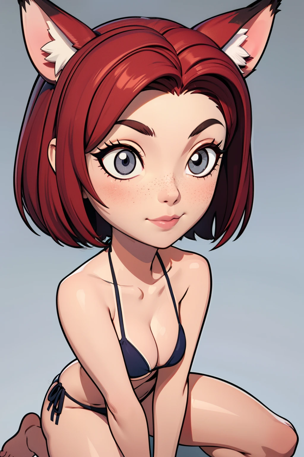 1girl, full body, ager, solo, (short pixie cut Hair, undercut red hair: 1.28), ((light gray eyes)), some small freckles, (dark fox ears: 1.35), pale skin, large breasts, cleavage, (thin hips, thin waist , athletic body: 1.25), simple background, looking away, (wearing only a bikini: 1.5), kneeling in the sand, masterpiece, best quality,3d rending work ,3DMM style, close-up, portrait, 3D,