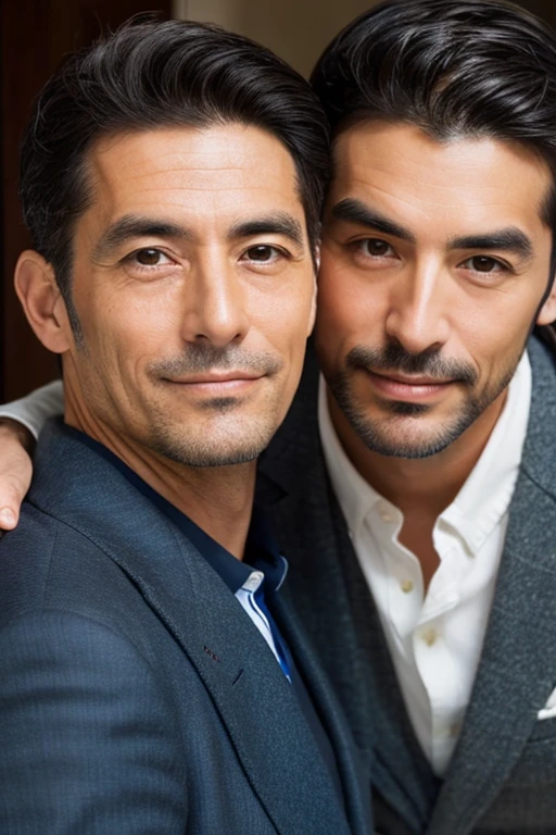 A handsome Italian man in his 50s with a small face and a Japanese man in his 30s with a large face.,Their faces are close and their heads are touching