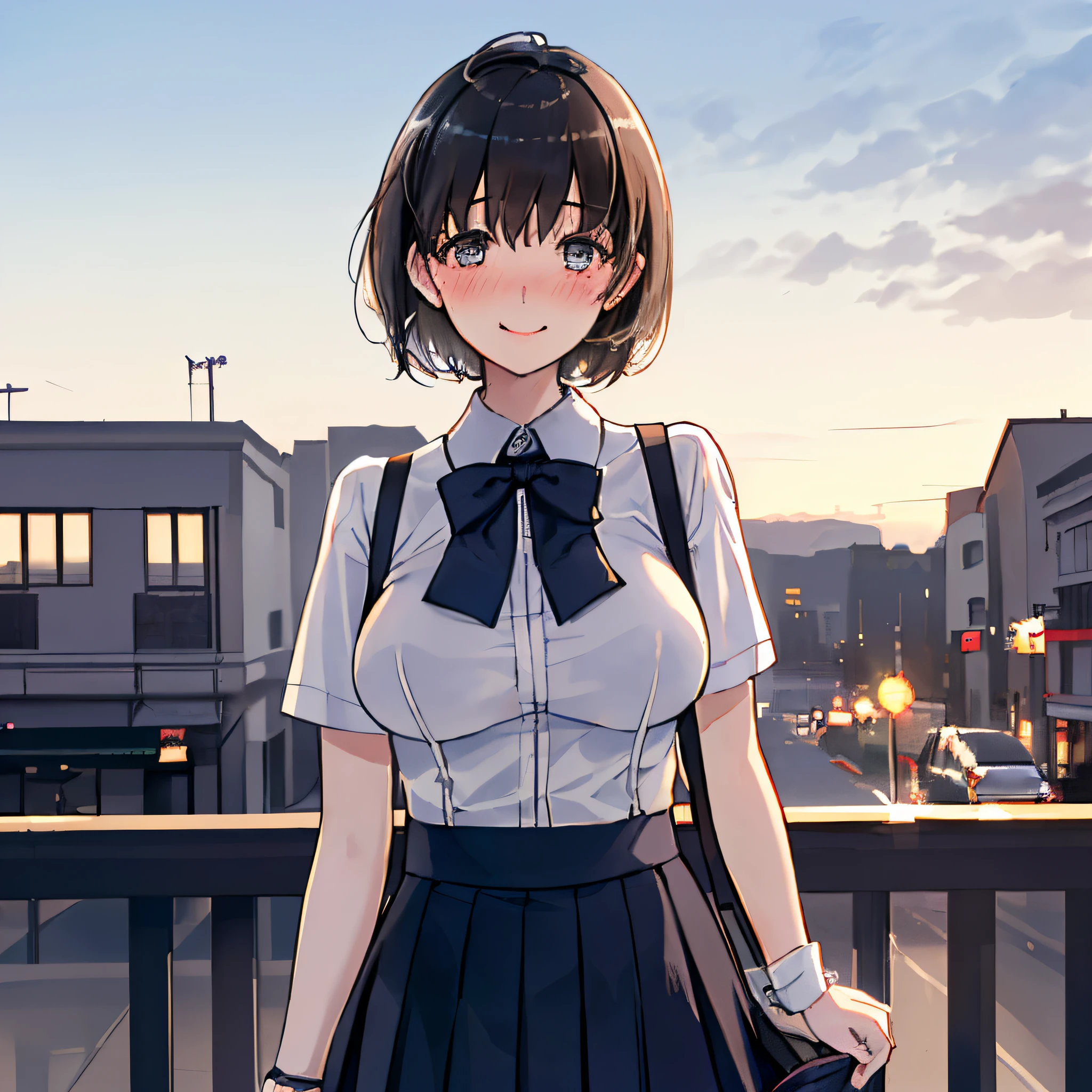 (8K, Best quality at best, tmasterpiece:1.2), (SFW:1.3), (actual, realistically:1.37), ultra - detailed, 1 girl,Cute big breasts, Alone,beautiful detailed sky,Detailed café,natta,sitted,outdated,(nose blushing),(ssmile:1.1),(close your mouth) mediuml breasts,beautidful eyes,(collared shir:1.1), neck bowtie,pleatedskirt,(Short hair details:1.2),strike