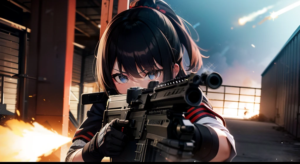 battle girl, aiming, muzzle flash, assault rifle, in warehouse, dynamic entry, cinematic action, high quality, hyper detail