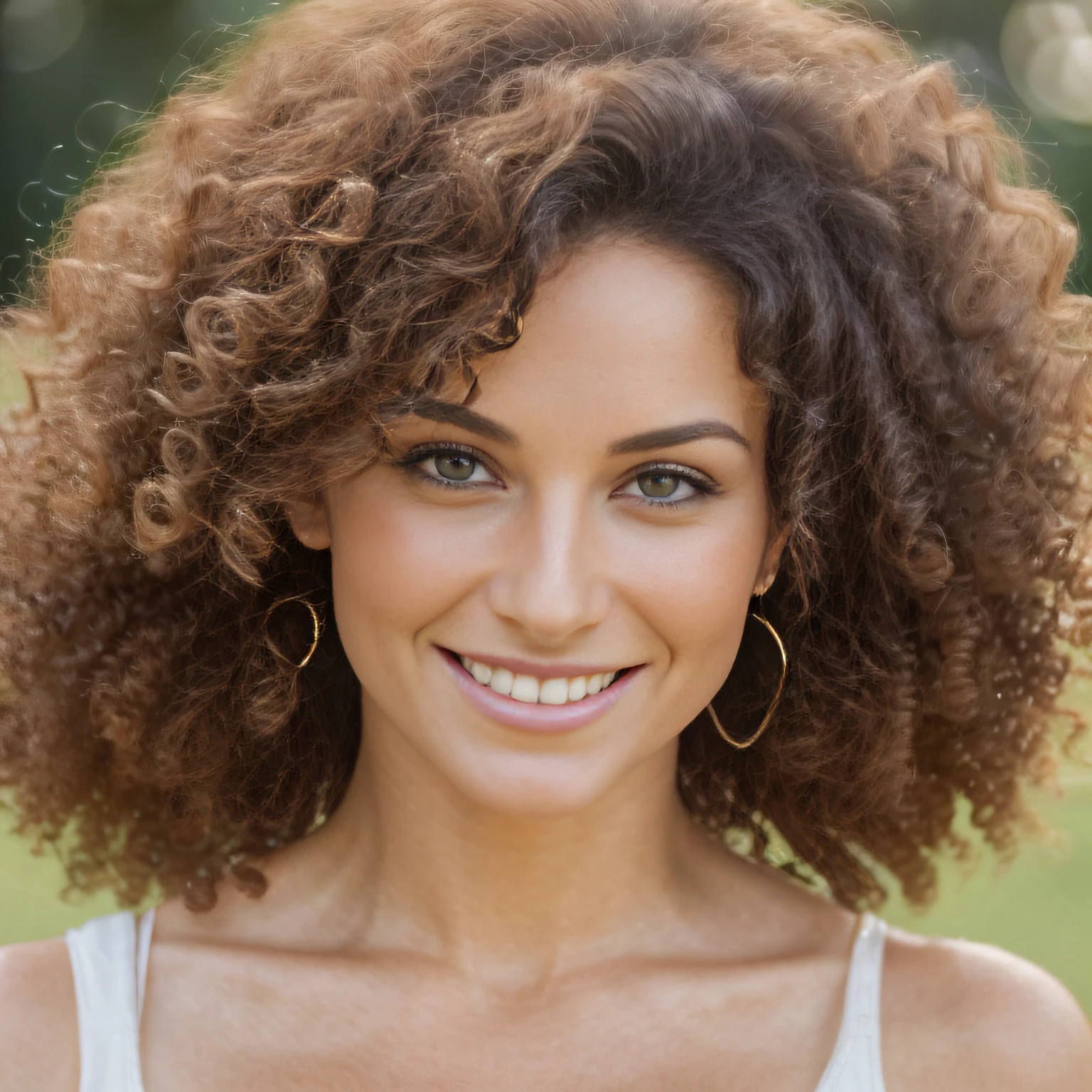 closeup of a Hyper realistic, most beautiful 35 year old European brunette woman, beautiful oval face, smiling, curly stylish hairs, ultra realistic, looking straight to the viewer