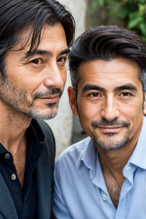 A handsome Italian man in his 50s with a small face and an unhandsome Japanese man in his 40s with a large face,Their faces are close and their heads are touching