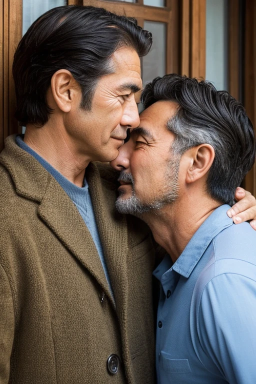 Handsome Italian man in his 50s and a Japanese man in his 40s who is not handsome with a big face,Their faces are close and their heads are touching