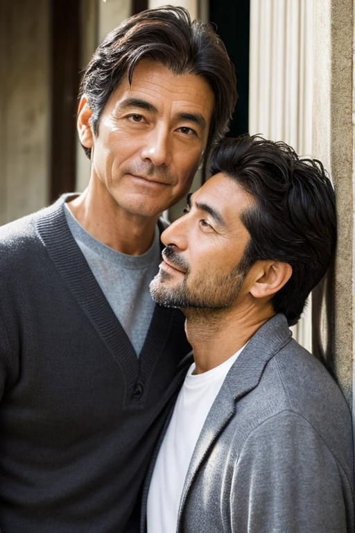 Handsome Italian man in his 50s and a Japanese man in his 40s who is not handsome with a big face,Their faces are close and their heads are touching