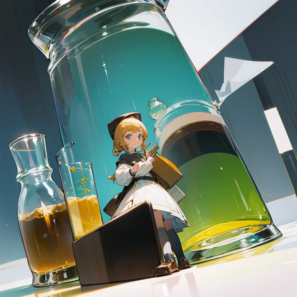 eine Katze,,Holding Erlenmeyer flask and book,white backgrounid,Front view