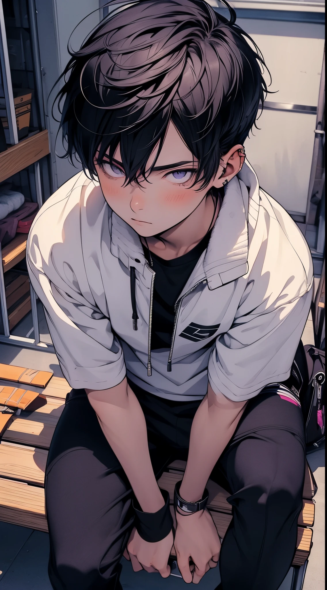 25-years old,masutepiece, Highest image quality, Highest Quality, Clear line drawing, Transparent watercolor, Clear shading, Beautiful young man, Dark hair, Purple eyes, Short hair, toppless, Black pants, Wipe your hair with a towel, Locker Room, sitting in a bench, Athletic Shoes, Front composition, low angles, Handsome man,High quality, amount of drawing, pixiv illustration