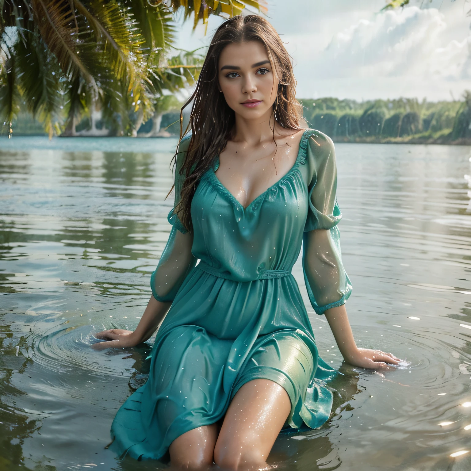 woman in a green dress sitting in a body of water, gorgeous woman, very beautiful top model, gorgeous lady, closeup fantasy with water magic, stunning elegant pose, pale tunic, flowing dress, cute woman, beautiful female model, beautiful goddess, summer season, wearing a dress made of water, stunning woman, varied poses, rainfall, soaked, dripping wet, sunlight