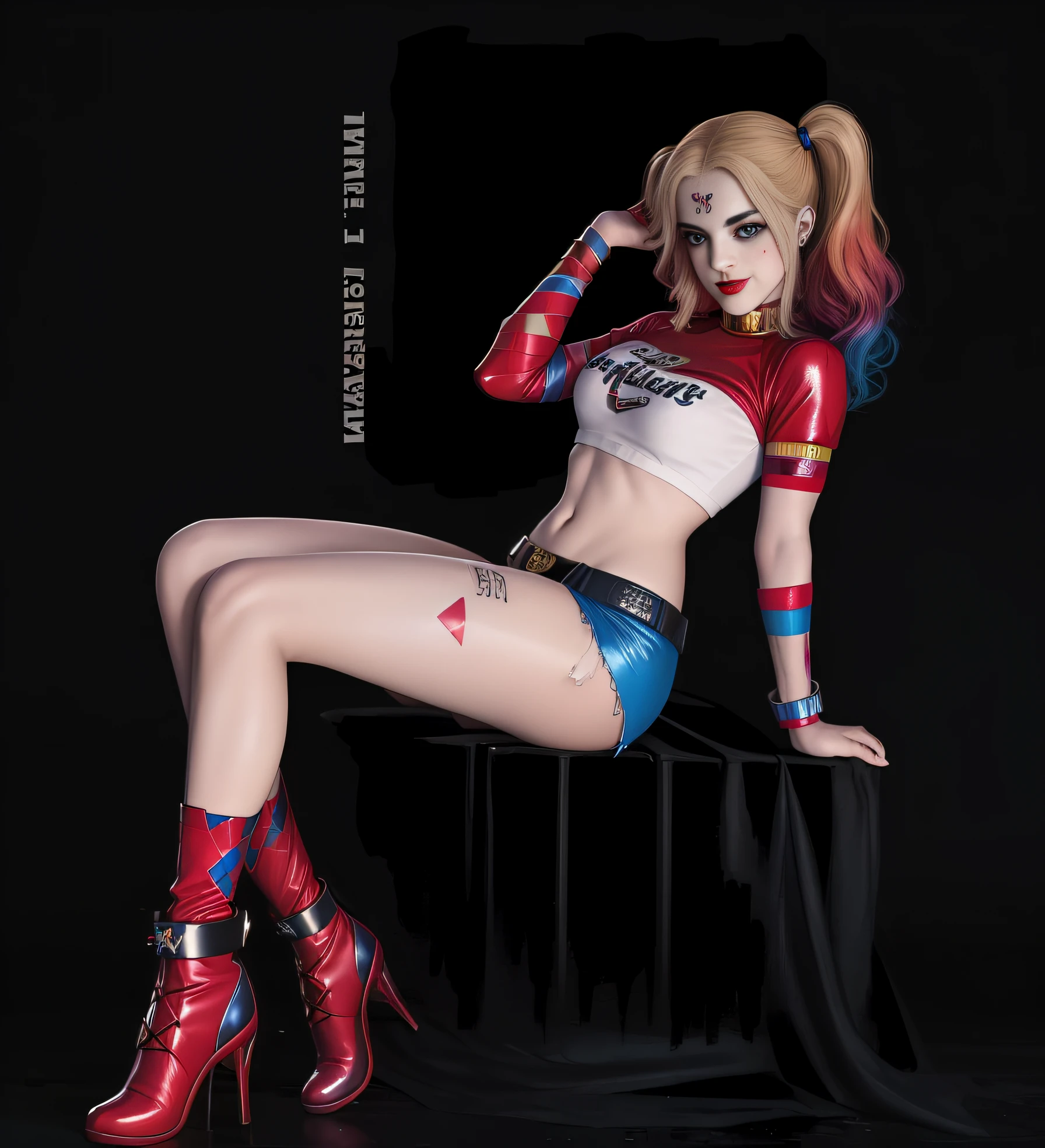 Arav wearing costume sitting on black surface, Harley Quinn, harley queen, Harley Quinn, Portrait of Halle Quinn, Harley Quinn Station, Emma Watson plays Harley Quinn, Emma Watson is Harley Quinn, Lady Gaga as Harley Quinn, Lady Gaga is Harley Quinn, Keda, Elizabeth Olsen as Harley Quinn, Kim Kardashian as Harley Quinn, Poster pose,(HighDynamicRange, hyper HD, Studio lighting:1.2), vibrant with colors, floated hair, Iconic characters with ultimate detail, Harley Quinn Station, highly detailed portrait, Harley Quinn movie stills, Harley Quinn cosplay, Emma Watson plays Harley Quinn, videogame character, Emma Watson plays Harley Quinn, cg art, , Whimsical background, impish smile, Enigmatic Atmosphere, Bold makeup, Playful expression, dynamicposes, edgy style, Composition inspired by comic books, Graffiti elements, neonlight, urban surroundings,Torn clothes，Torn clothes，There are many stains on the clothes，The stockings are broken，American comic book style，Manhwa Style