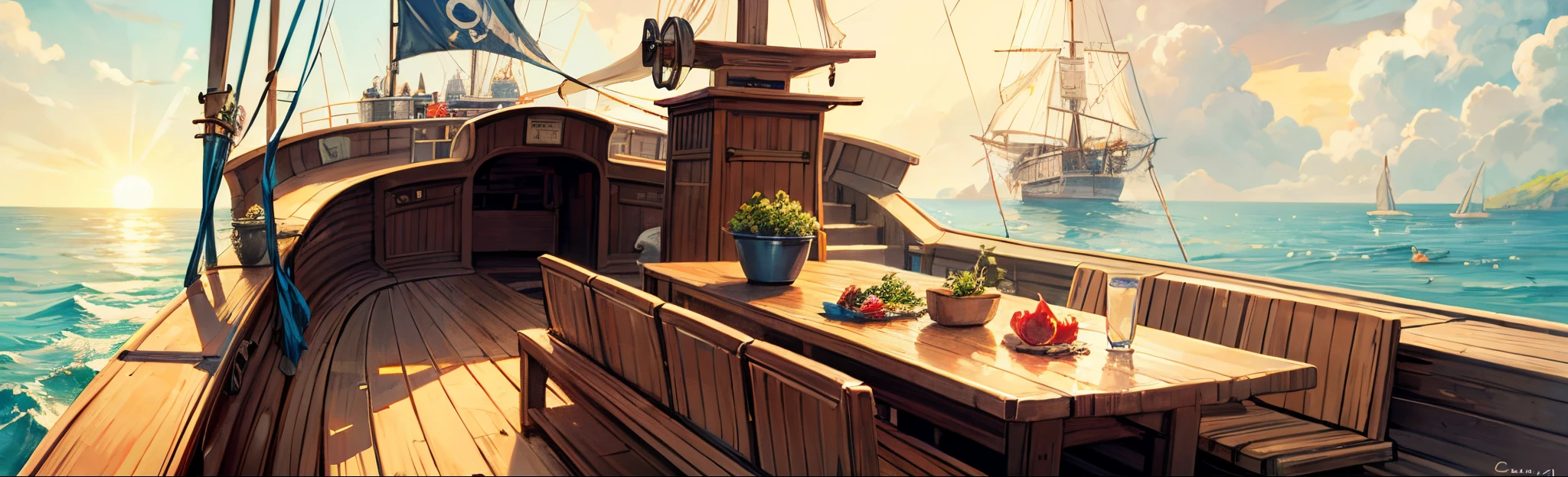 pirate ships, Local, the detail, day, Scavenging, at noon, ((and the sun was shining brightly)), at noon,bow detail, Boat,vessels, the ocean, Boat, ((cloud)), ((blue-sky)), Boat, scenecy, Outdoor sports, That bird, Eau, horizon, without humans, Raging sea, suns,(colorful)