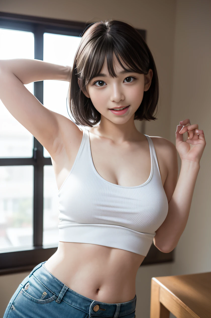 (girl with:1.3), Short hair, Amazing face and eyes, Looking at the camera, Smile full of joy、sticking out the tongue through the mouth、stand like a prostitute waiting for a customer、Hands behind the head、Show the armpits、(bright primary color tank top、denim short pants:1.2)、(Best Quality:1.4), extremely detailed CG unified 8k wallpaper, Highly detailed, High-definition raw color photos, professional photograpy, Realistic full-body shots, Indoor photography、Plain wallpaper, sexy portrait of girl