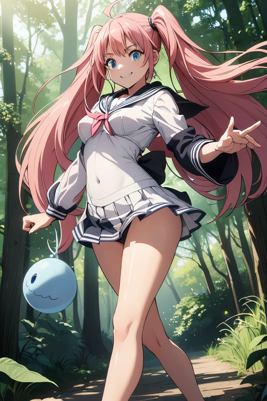 masuter piece, Best Quality, 超A high resolution, top-quality, Anime style, The best lighting, Beautiful face, 女性1人、tensei shitara slime datta ken(((milim nava))), demon king、The body of Mirim Nava's masterpiece、(White sailor suit:1.5)、(Black pleated skirt:1.4), Accurate Mirim Surface Area、blue eyes、Behold Evil、A pink-haired、Bicordal、Proud double tail、Barefoot, Medium Feet, Super high quality rounded fingers, ultra-detailliert, Rounded nails painted with ultra-elaborate black nail polish、medium breasts、A smile、huge smile、Great Ahogue, fully body photo, muscular belly, in beach, Ultra-detailed and realistic legs, hyperdetailed face, Perfect settings, (((Prepare for battle))), (((stare at the dragon))), (Background in the forest:1.3), tiny body, Height 135cm,