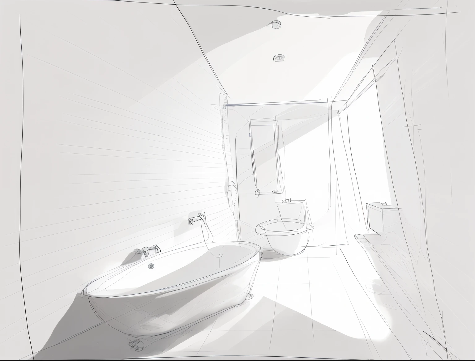 drawing of a bathroom with a sink, toilet and a tub, minimalistic drawing, sketch - up, interior of a bathroom, concept drawing, drawn projects on paper, architectural sketch, drawn on paper, a sketch, plan drawing, minimalist line drawing, line sketch, rough sketch, concept art sketch, by Tony Tuckson, 1-point perspective