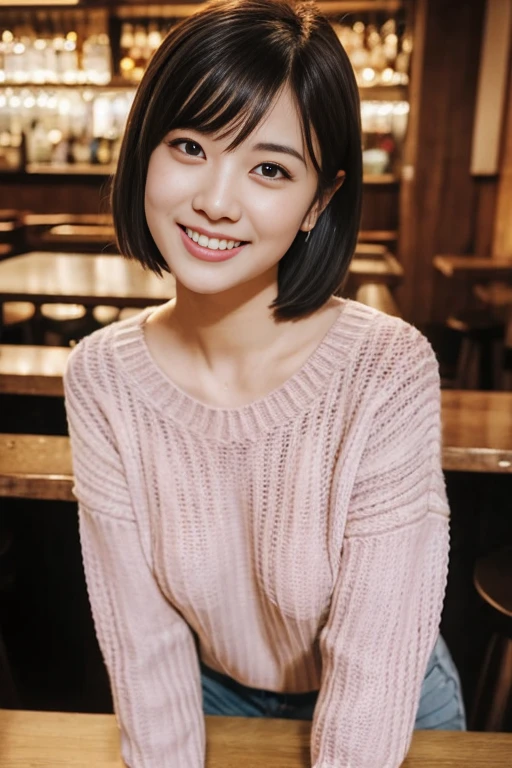 (8K、top-quality、​masterpiece:1.2)、(reallistic、Photorealsitic:1.2)Crowded shops、There is a woman sitting and drinking beer, bar girl, In a tatami room, with a drink, Drinking beer, In the pub, In the pub, at bar,at bar, Drinking beer, Drink at the bar, low-cut top, Sashimi set meal　And food　Karaage　downbrouse、No bangs:1.10、straight flat chest:1.20, (leaning-forward:1.3)、(Oversized sweater、Loose sweater、Low-cut sweater:1.5)、bra very.10, Pink areola is visible:1.20,  A Cup:1.20, Erotic, (top-quality、8K、32K、​masterpiece)、japanes、22year old、Very pretty girl、a beauty girl、Bright smile、outside of house、shinny skin、blurry backround、short-cut:1.10、Ear hooks:1.20, A dark-haired:1.10, Upper body close-up、Shot from above　A refreshing smile　Alafed Girl, chiho, iwakura lain, closeup Iwakura Lain, With short hair, Shiori Teshirogi, Kotegawa Yui, hime-cut, She is 22 years old, sui ishida with black hair, lain iwakura, girl cute-fine-face, Clear pubic contours,(Small breasts), hight resolution, ighly detailed, top-quality, [​masterpiece:1.6],, ighly detailed, nffsw, finely detail, top-quality, , Cinematographic lighting, 1girl in、22year old、Cute Japan Girls、perfect body type、, Cute droopy eyes、Beautiful big eyes、ultra-detailliert、hight resolution、Transcendent beauty　top-quality、​masterpiece、majicMIX Real、(Raw photography:1.2)、(Photorealsitic:1.4)、sushi restaurant　Japanese restaurant　Izakaya、japanese style bar、Beer mug、Kamimei(8K、top-quality、​masterpiece:1.2)、(reallistic、Photorealsitic:1.2)