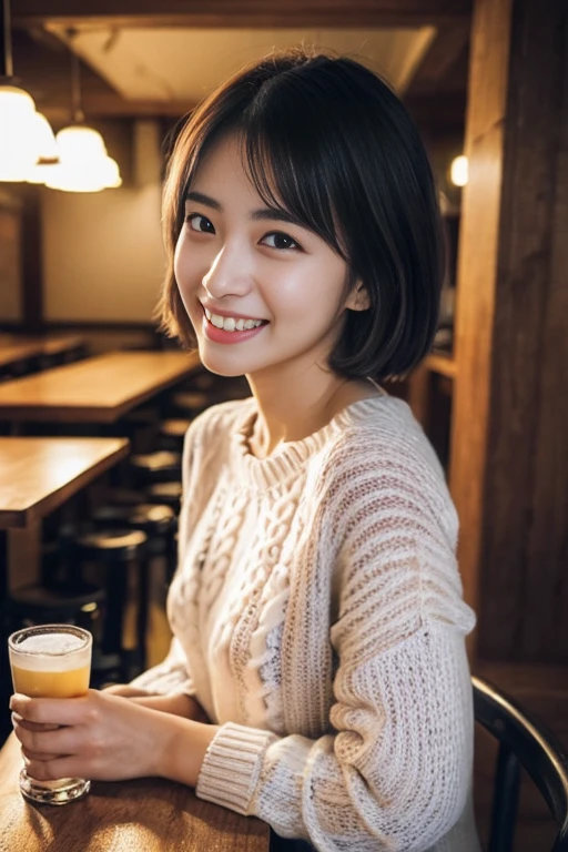(8K、top-quality、​masterpiece:1.2)、(reallistic、Photorealsitic:1.2)There is a woman sitting at a table drinking beer, bar girl, In a tatami room, with a drink, Drinking beer, In the pub, In the pub, at bar,at bar, Drinking beer, Drink at the bar, low-cut top, Sashimi set meal　And food　Karaage　downbrouse、No bangs:1.10、straight flat chest:1.20, (leaning-forward:1.3)、(Oversized sweater、Loose sweater、Low-cut sweater:1.5)、bra very.10, Pink areola is visible:1.20,  A Cup:1.20, Erotic, (top-quality、8K、32K、​masterpiece)、japanes、22year old、Very pretty girl、a beauty girl、Bright smile、outside of house、shinny skin、blurry backround、short-cut:1.10、Ear hooks:1.20, A dark-haired:1.10, Upper body close-up、Shot from above　A refreshing smile　Alafed Girl, chiho, iwakura lain, closeup Iwakura Lain, With short hair, Shiori Teshirogi, Kotegawa Yui, hime-cut, She is 22 years old, sui ishida with black hair, lain iwakura, girl cute-fine-face, Clear pubic contours,(Small breasts), hight resolution, ighly detailed, top-quality, [​masterpiece:1.6],, ighly detailed, nffsw, finely detail, top-quality, , Cinematographic lighting, 1girl in、22year old、Cute Japan Girls、perfect body type、, Cute droopy eyes、Beautiful big eyes、ultra-detailliert、hight resolution、Transcendent beauty　top-quality、​masterpiece、majicMIX Real、(Raw photography:1.2)、(Photorealsitic:1.4)、sushi restaurant　Japanese restaurant　Izakaya、japanese style bar、Beer mug、Kamimei(8K、top-quality、​masterpiece:1.2)、(reallistic、Photorealsitic:1.2)