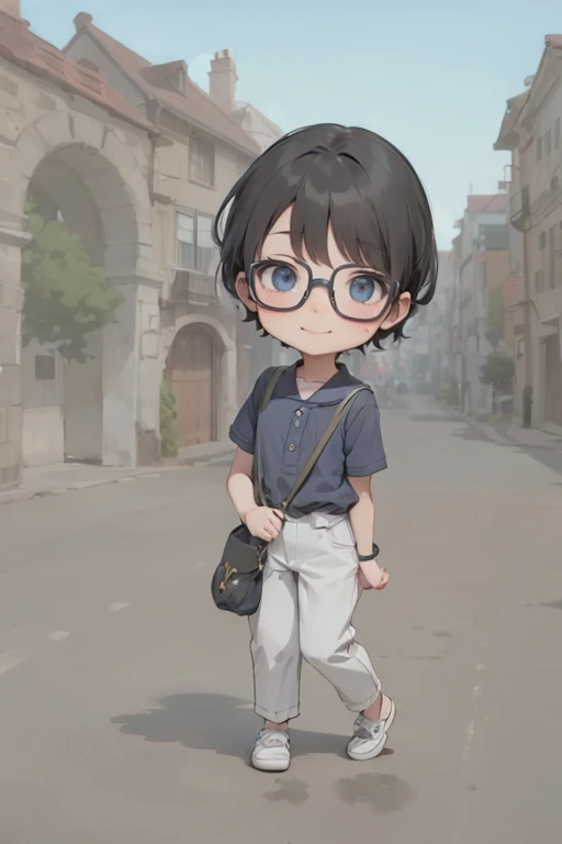 anime girl with glasses and a bag walking down a street, Dark blue shirt, white pants, white shoes,Smile,  artwork in the style of guweiz, guweiz, lofi artstyle, style in ghibli anime style, style in ghibli anime, standing in a city center, lofi girl, stylized anime, anime style. 8k, ancient city streets behind her, cute art style, lofi portrait, Bright colors