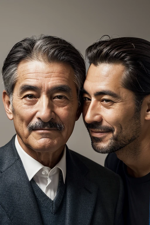A handsome Italian man in his 50s and a large-faced Japanese man.,Portraits with their faces close and touching each other's heads