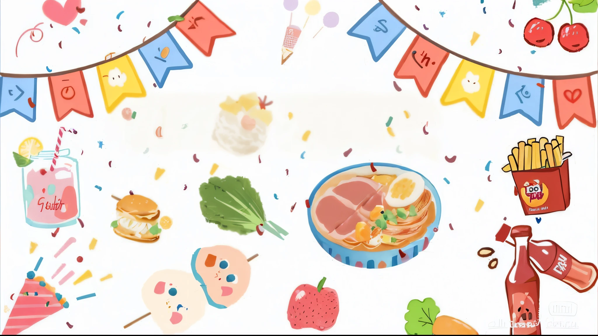 Cartoon illustration of food and decorations for birthday party，Babe&#39;meat eating ritual