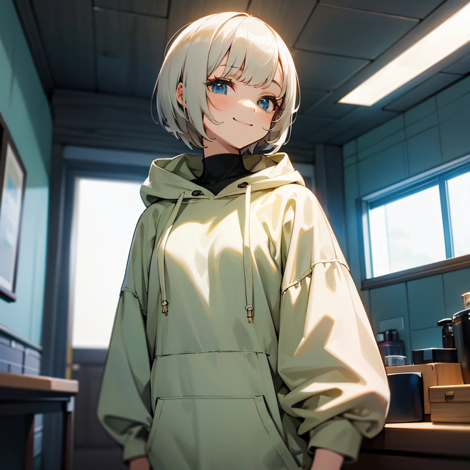 Shorthair woman、a room、A slight smil、wearing hoodies