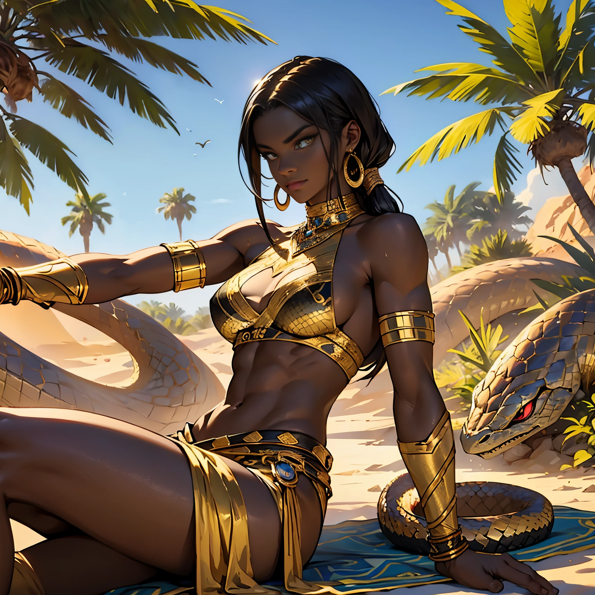 masterpiece, 4k, african tribal warrior, A cobra-like woman with dark skin and sharp eyes, snake magician, Golden desert oasis and palm trees