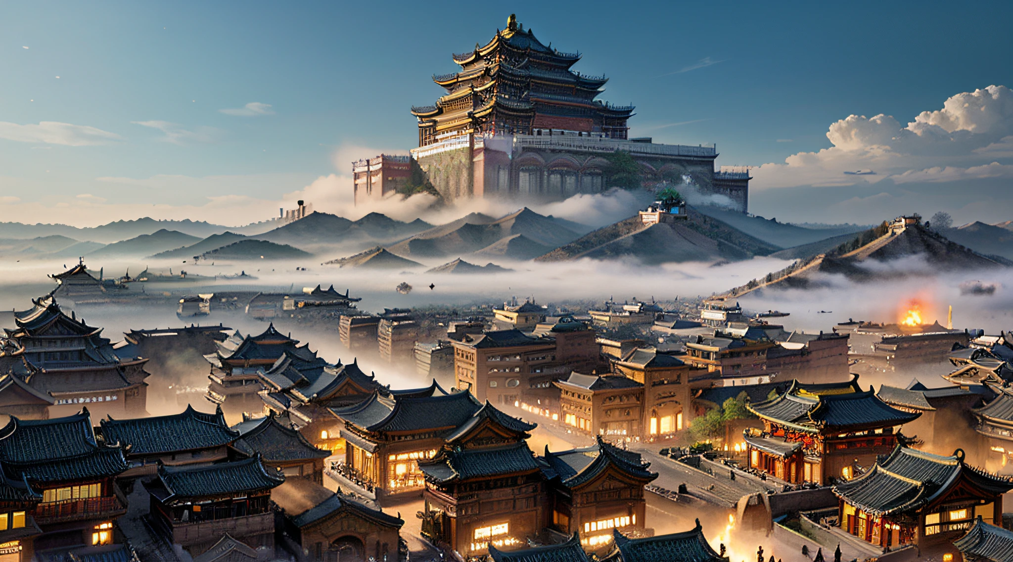 Ancient Chinese city buildings,High-altitude views,overlooks,ancient imperial city,Large wide angle,dingdall effect,There is a photo of the city from above, Highly detailed matte painting, Exquisite renderings of the Tang Dynasty, hyperdetailed 3d matte painting, hyperdetailed 3d matte painting, hyperdetailed matte painting, Detailed matte painting, Detailed matte painting, high quality matte painting, Extremely detailed matte painting, High detail matte painting, 4K matte painting, ancient buildings of China, palaces, A bustling capital, 电影灯光, Virtual Engine