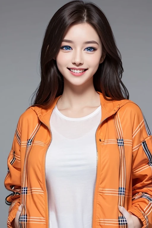 ((eBlue eyes)),(is a perfect face,)Beutiful women,Long gray hair,Toothy smile,whitet-shirt,((orange plaid jacket)),((one color background))