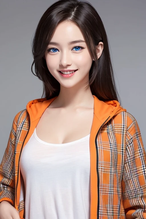 ((eBlue eyes)),(is a perfect face,)Beutiful women,Long gray hair,Toothy smile,whitet-shirt,((orange plaid jacket)),((one color background))