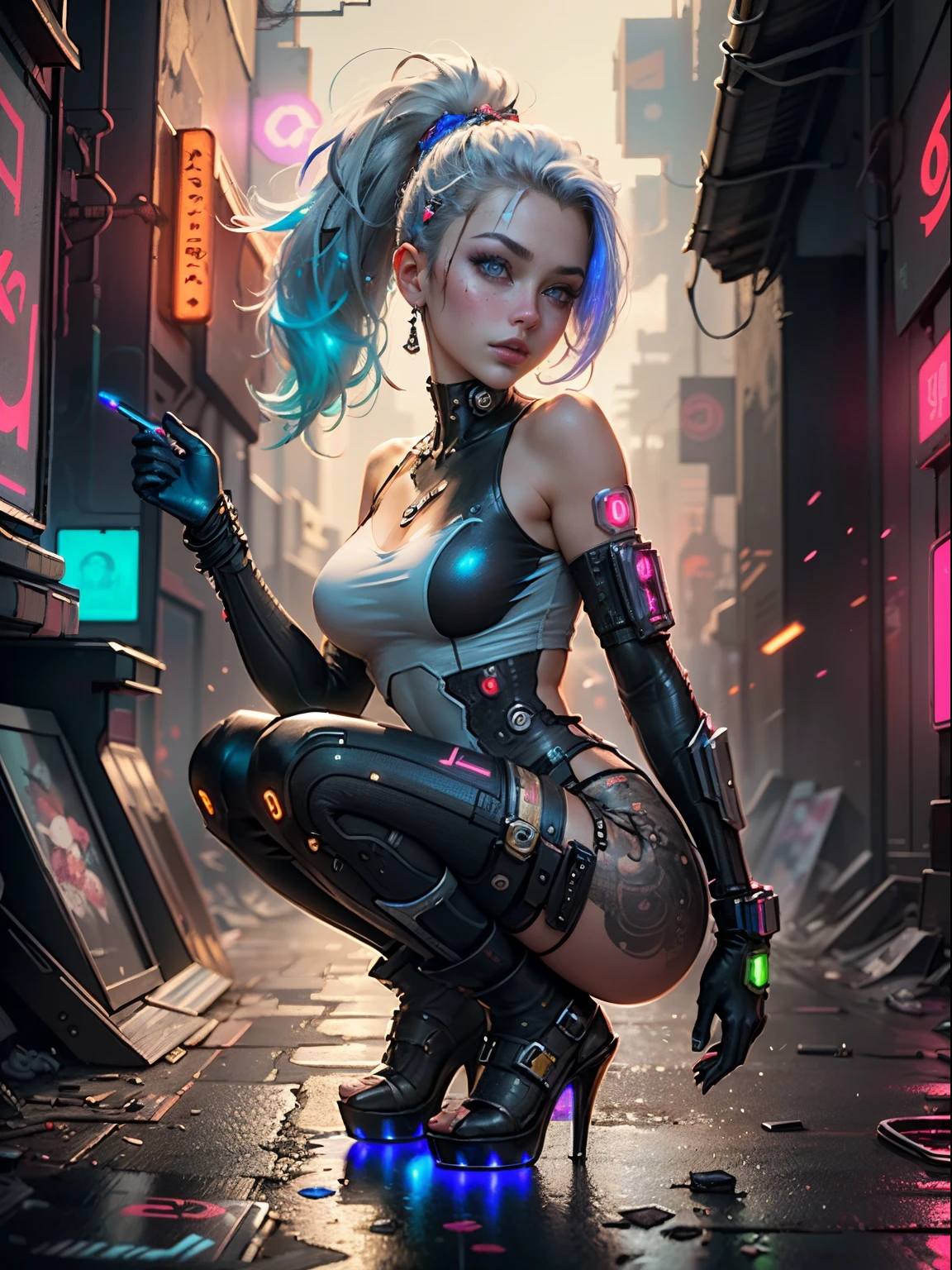 ((Best quality)), ((masterpiece)), (highly detailed:1.3), 3D, beautiful ((cyberpunk girl:1.3))Full body cyber girls with ponytail wear white knee high heel platform boots. Very beautiful latina girl. stiletto heels. Bright white color to show that she is a cyber girl. white eyebrows. clothes like full body catsuit. She also has blue eyes. The environment is like a  girl's bedroom. The hair is white. She is illuminated with bright blue color on one side of her face. Led like. Taziota style. And both hands have the led light too.