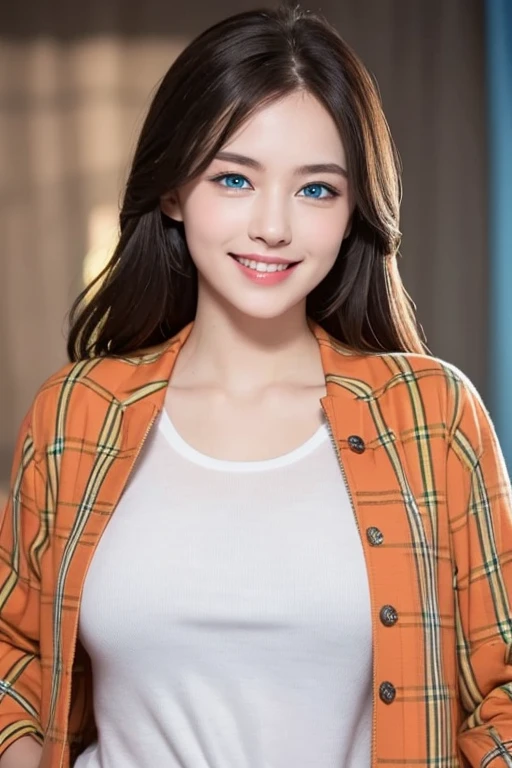 ((eBlue eyes)),(s the perfect face),Beutiful women,Long gray hair,Toothy smile,whitet-shirt,((orange check jacket)),((one color background))