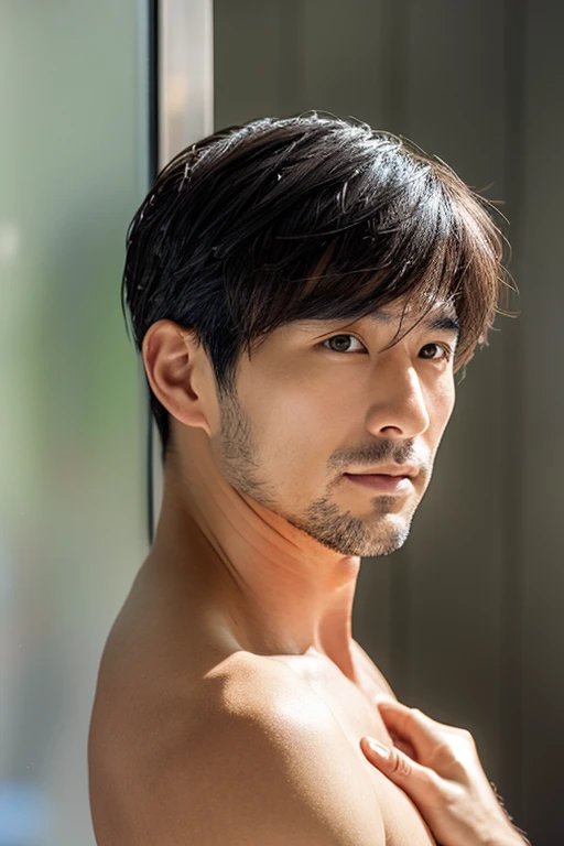 Handsome Japanese man in his 40s,Upper body portrait,Shaving,Bangs are down