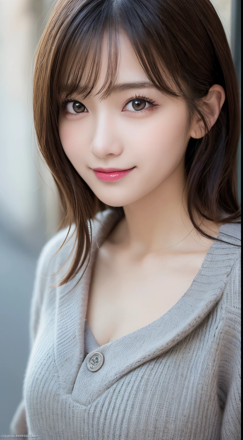 masutepiece, Best Quality, Illustration, Ultra-detailed, finely detail, hight resolution, 8K Wallpaper, Perfect dynamic composition, Beautiful detailed eyes, Winter clothes,Bob Hair,mid-chest, Natural Color Lip, Bold sexy poses,Smile,Harajuku、20 years girl、Cute、Sexy shot looking at camera,Raw photo